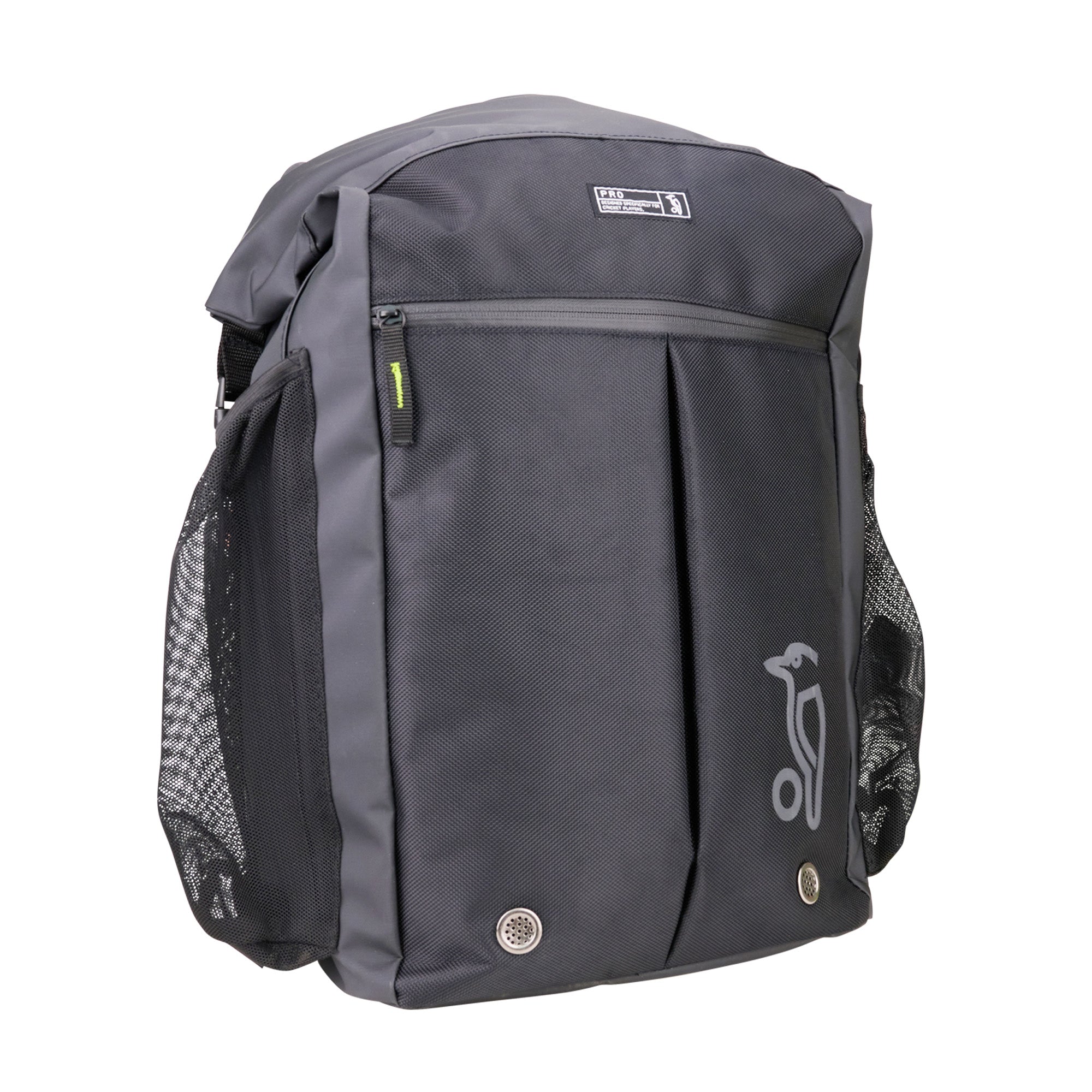 The Kookaburra Pro Hockey Rucksack 2025 by Kookaburra is a black and gray roll-top backpack featuring mesh side pockets, a front zip pocket, small animal logo, bottom grommets, top handle, and an included raincover for extra protection.