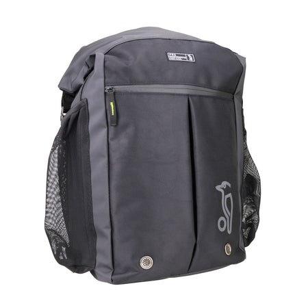 The Kookaburra Pro Hockey Rucksack 2025 by Kookaburra is a black and gray roll-top backpack featuring mesh side pockets, a front zip pocket, small animal logo, bottom grommets, top handle, and an included raincover for extra protection.