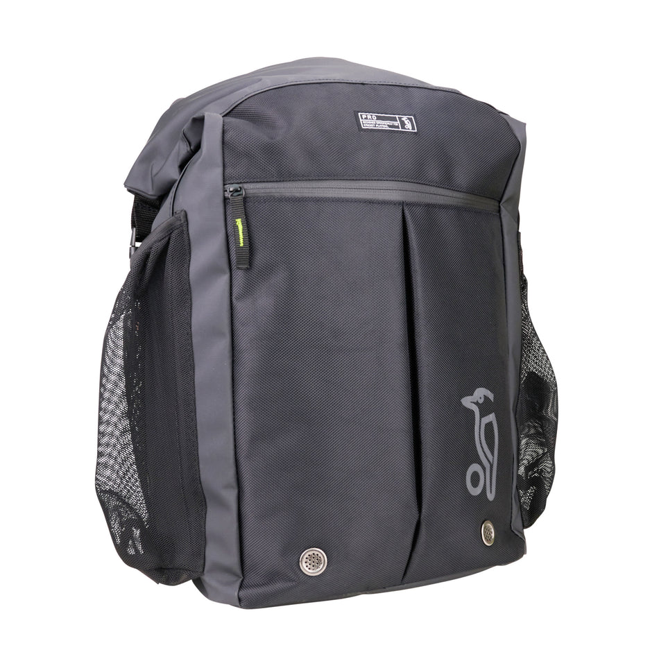 The Kookaburra Pro Hockey Rucksack 2025 by Kookaburra is a black and gray roll-top backpack featuring mesh side pockets, a front zip pocket, small animal logo, bottom grommets, top handle, and an included raincover for extra protection.