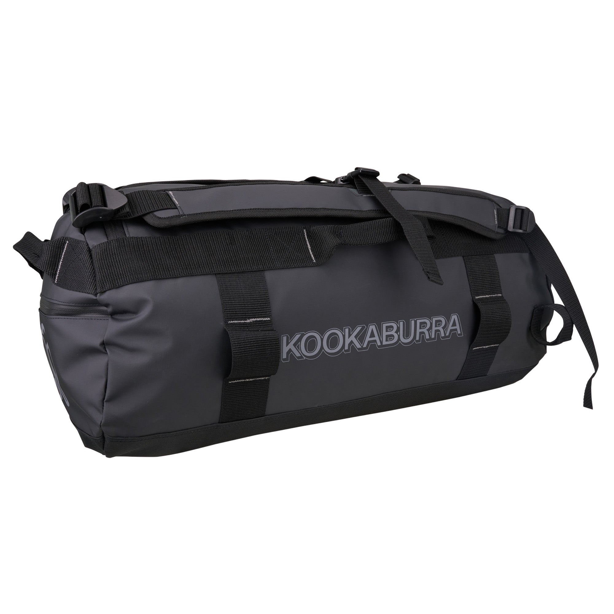 The Kookaburra Pro Switch Hockey Bag is a black duffel made from heavy-duty tarpaulin, with handles and straps, and "KOOKABURRA" printed in silver on the side.