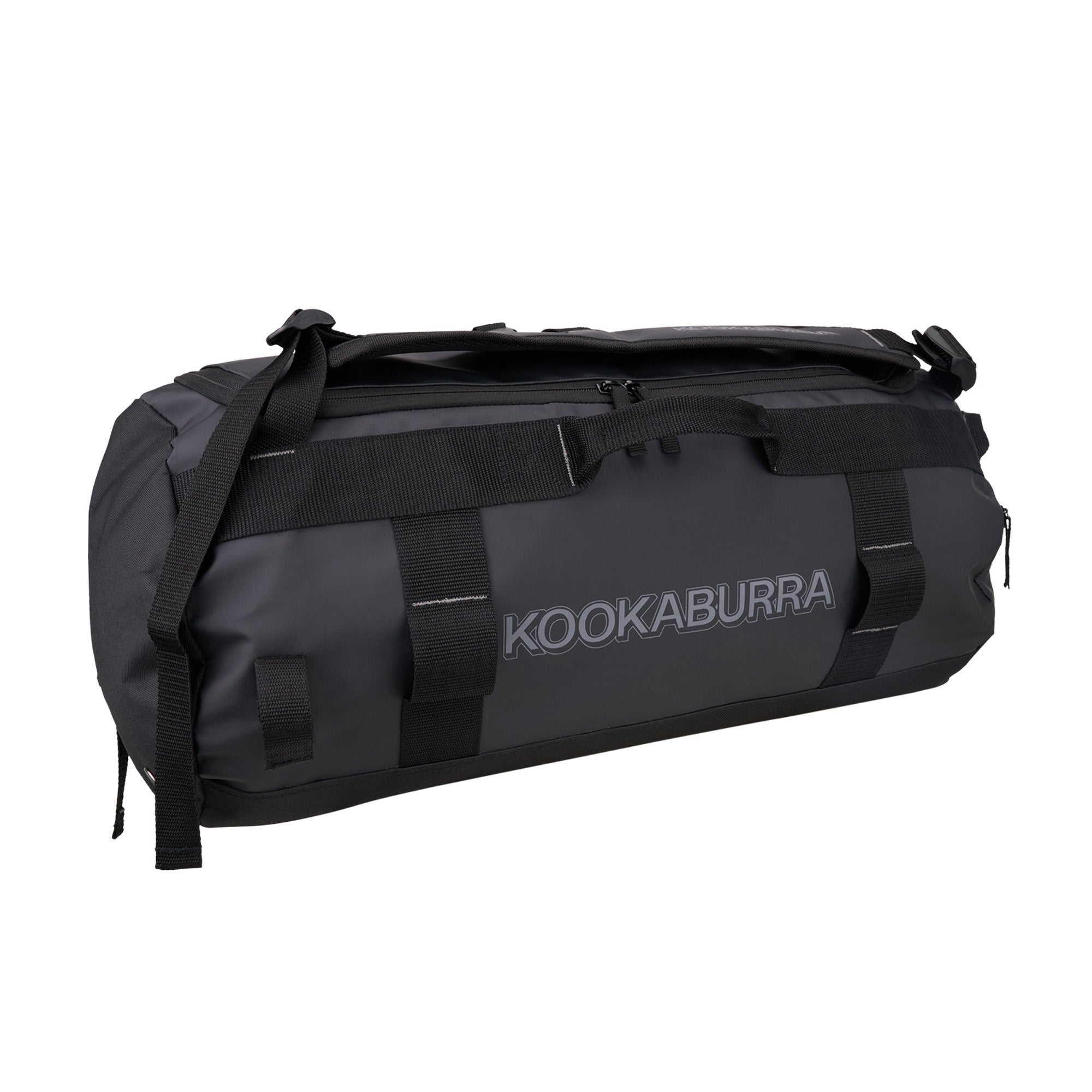 The Kookaburra Pro Switch Hockey Bag is a black, heavy-duty tarpaulin duffel with sturdy handles and straps, featuring "KOOKABURRA" in large grey letters—ideal as a multi-purpose or hockey stick bag.
