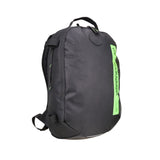 The Kookaburra Apollo Hockey Rucksack 2025 is a black bag with adjustable shoulder straps, a top handle, green vertical Kookaburra logo, laptop sleeve, and side zipper details.