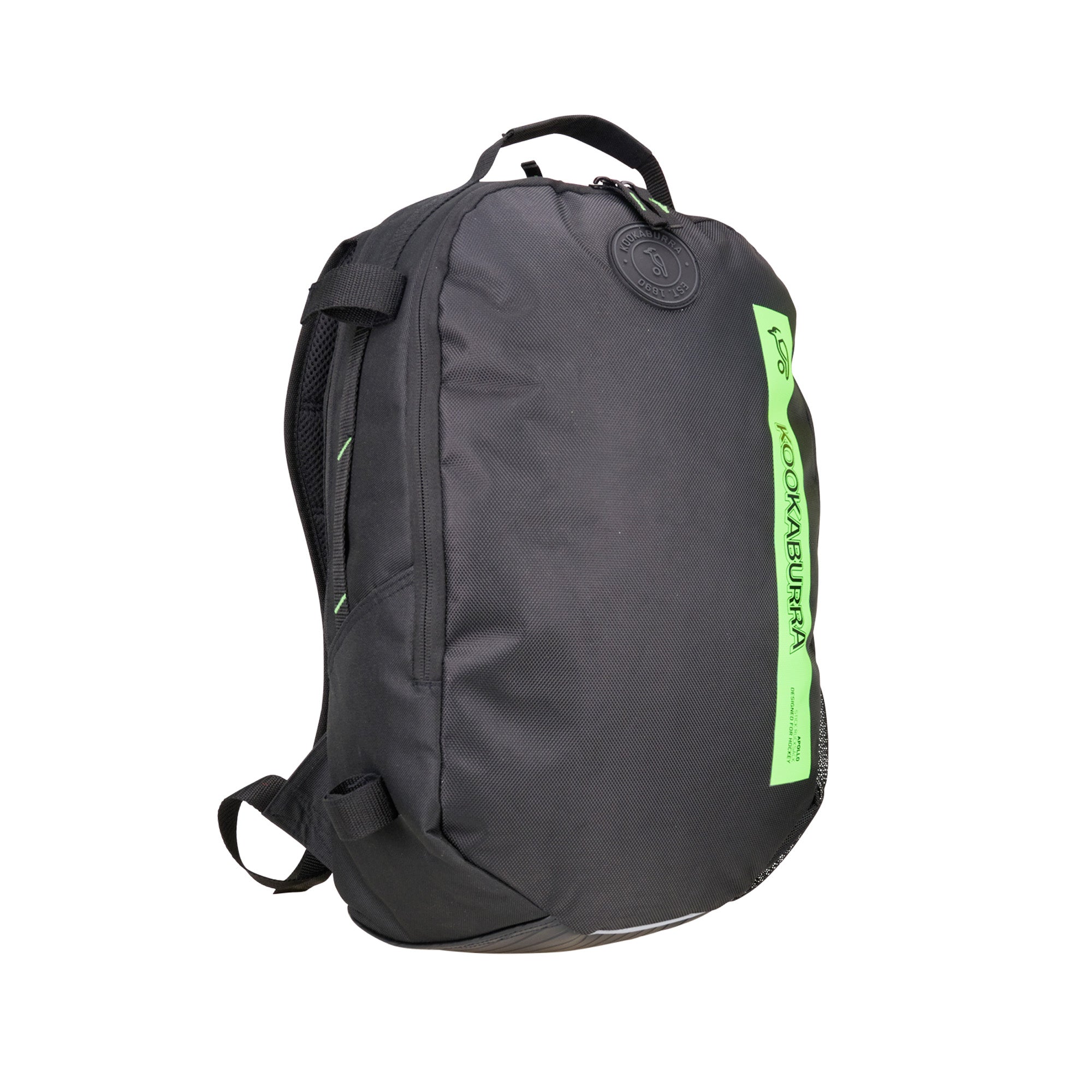 The Kookaburra Apollo Hockey Rucksack 2025 is a black bag with adjustable shoulder straps, a top handle, green vertical Kookaburra logo, laptop sleeve, and side zipper details.
