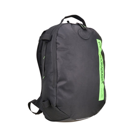 The Kookaburra Apollo Hockey Rucksack 2025 is a black bag with adjustable shoulder straps, a top handle, green vertical Kookaburra logo, laptop sleeve, and side zipper details.