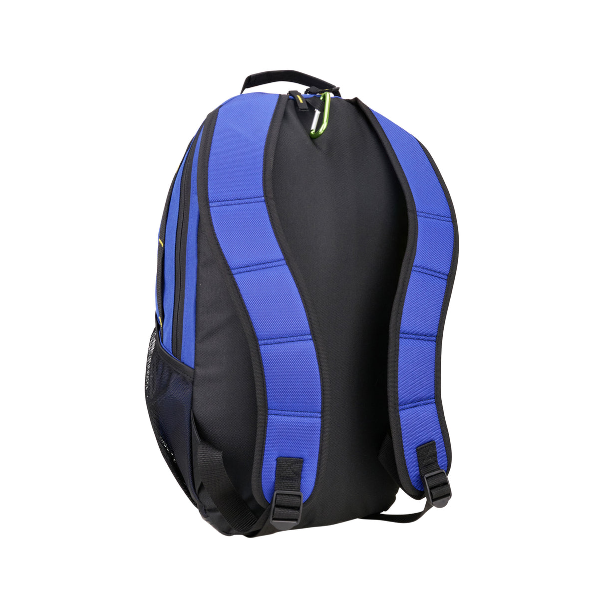 The Kookaburra Apollo Hockey Rucksack 2025 by Kookaburra is shown from the back against a white background, featuring blue adjustable shoulder straps, a small top handle, side mesh pockets, and a black design.