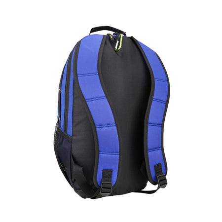 The Kookaburra Apollo Hockey Rucksack 2025 by Kookaburra is shown from the back against a white background, featuring blue adjustable shoulder straps, a small top handle, side mesh pockets, and a black design.