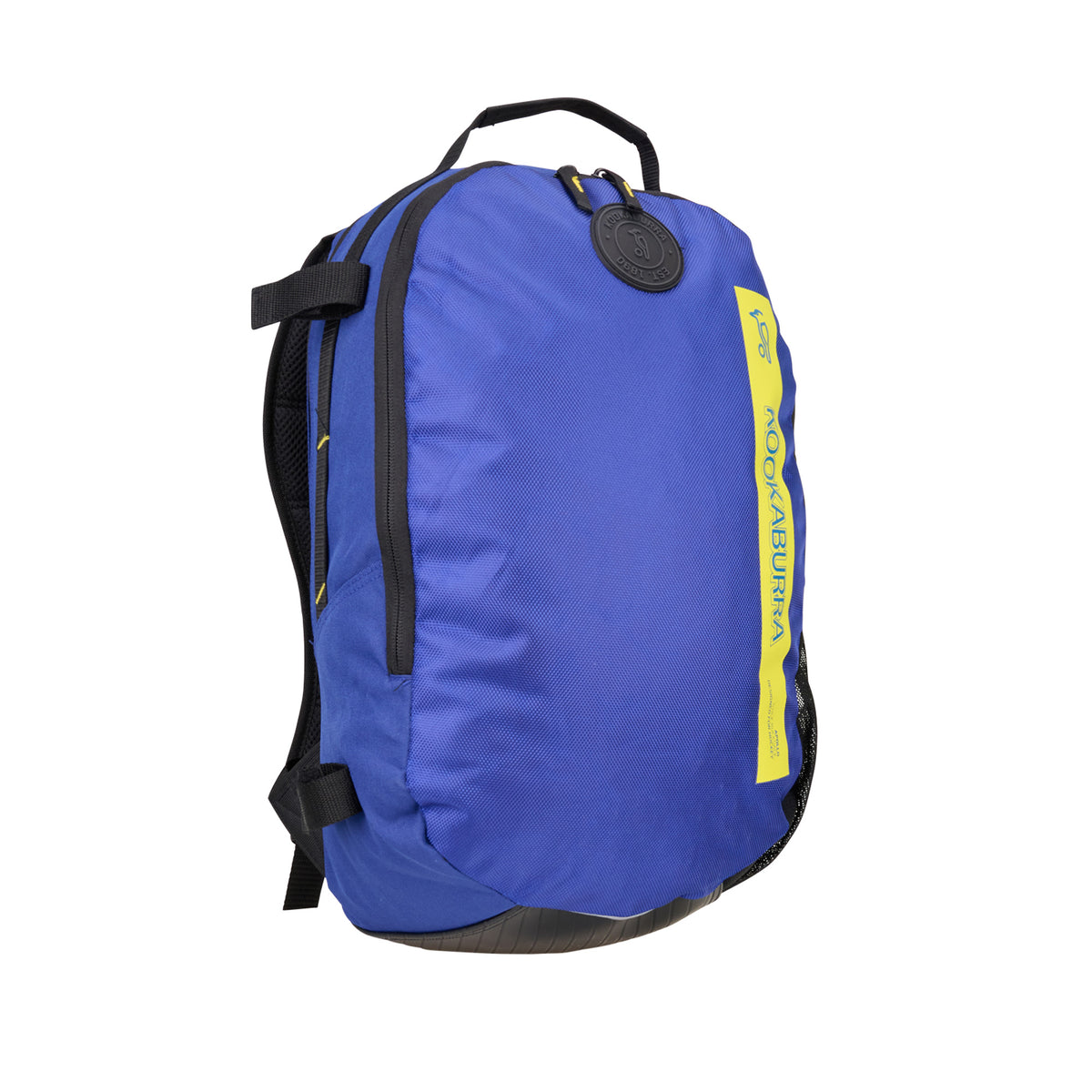 The Kookaburra Apollo Hockey Rucksack 2025 is a blue backpack with black adjustable shoulder straps, a black top handle, a yellow vertical accent with text, and a round black logo patch near the top for a modern look.