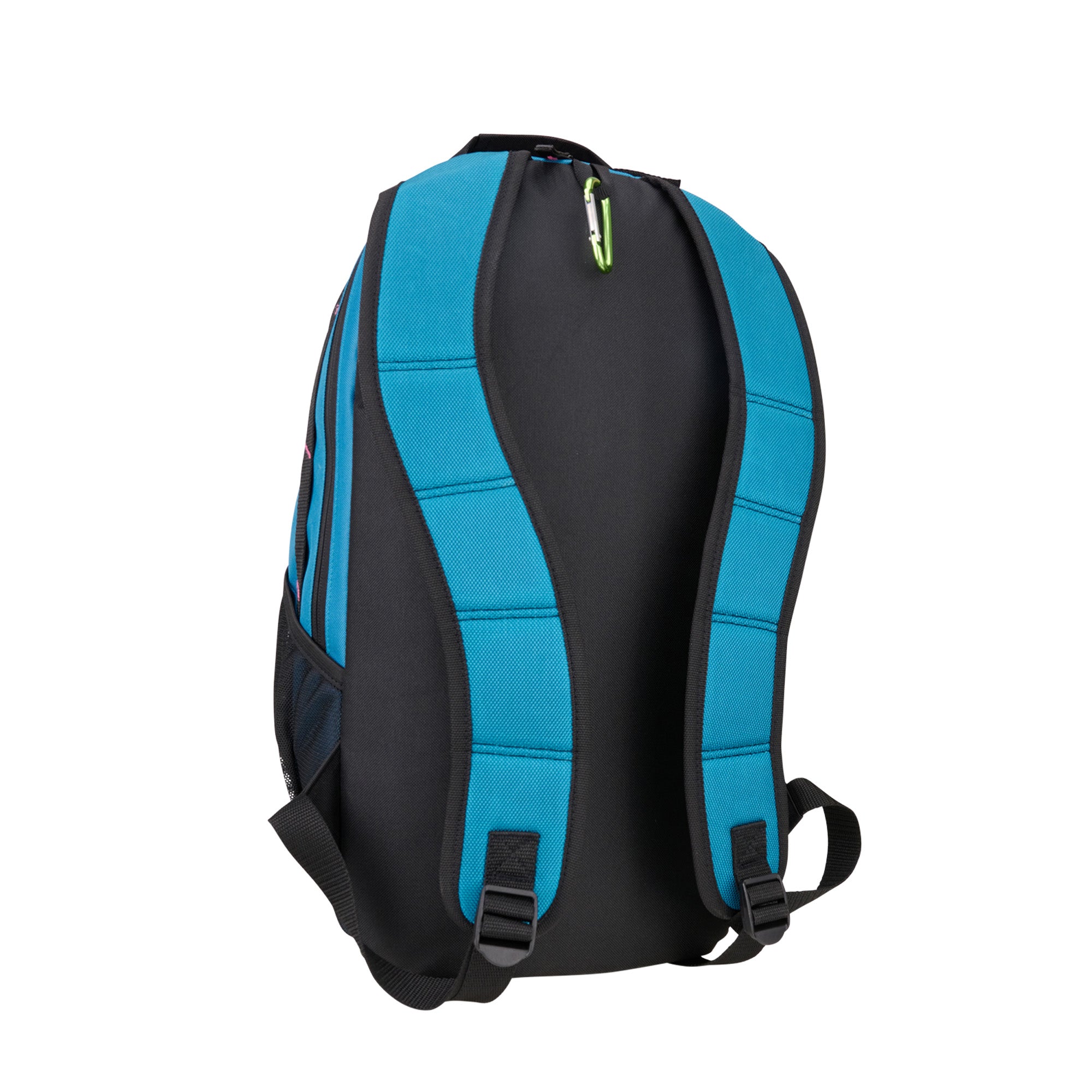 The Kookaburra Apollo Hockey Rucksack 2025 by Kookaburra is shown from the back against a white background, featuring blue adjustable shoulder straps, a mesh side pocket, a small green zipper pull, and a dedicated laptop sleeve.