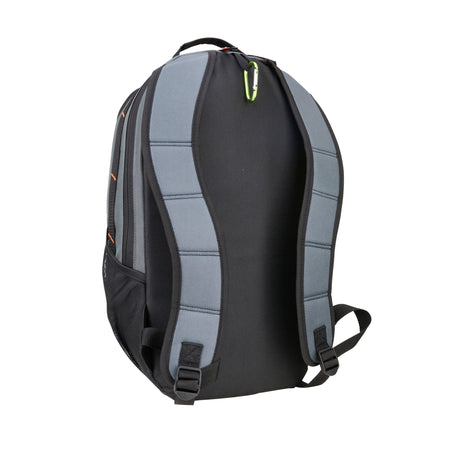The Kookaburra Apollo Hockey Rucksack 2025 by Kookaburra is shown from the back, featuring adjustable shoulder straps in black and gray, with a small green carabiner attached to its top handle.