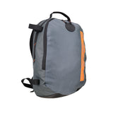 The Kookaburra Apollo Hockey Rucksack 2025 by Kookaburra features a grey design with black straps and zippers, an orange vertical stripe and front logo, plus adjustable shoulder straps for comfort. Shown against a white background.