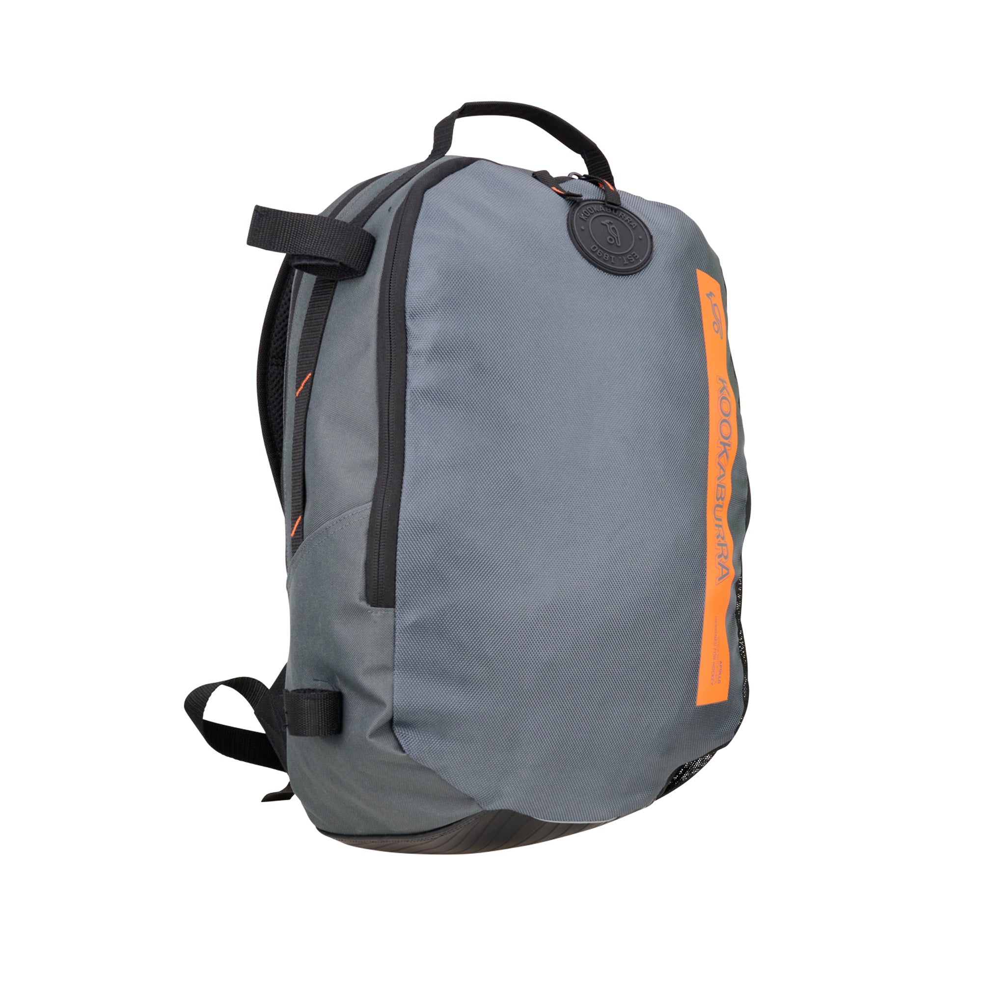 The Kookaburra Apollo Hockey Rucksack 2025 by Kookaburra features a grey design with black straps and zippers, an orange vertical stripe and front logo, plus adjustable shoulder straps for comfort. Shown against a white background.