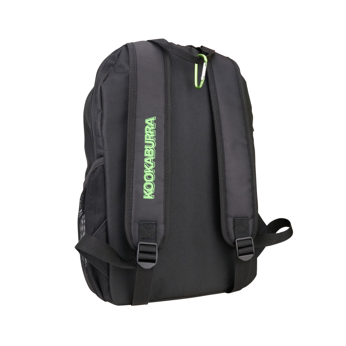 The Kookaburra Orbit Hockey Rucksack 2025 is a black junior backpack with "Kookaburra" in green on one shoulder strap, adjustable straps, a top handle, and side mesh pocket for extra storage.
