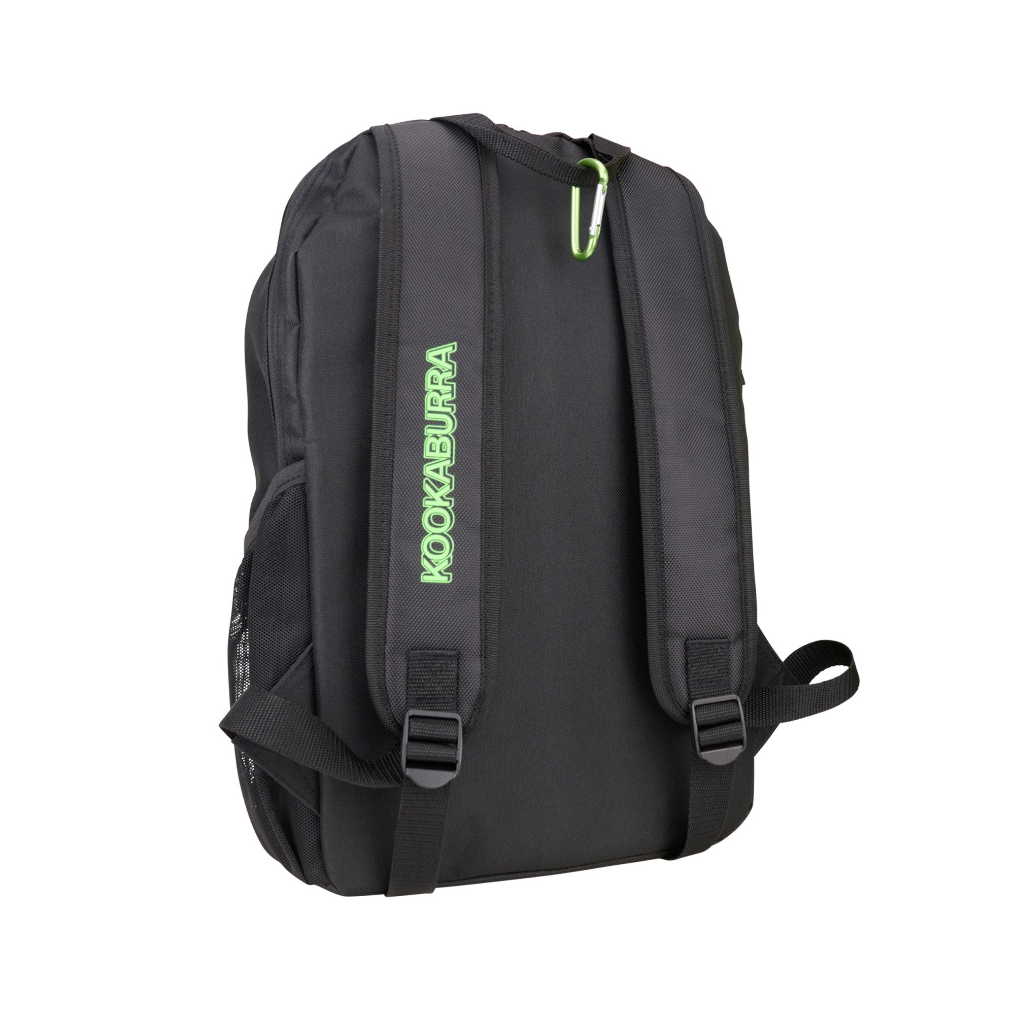 The Kookaburra Orbit Hockey Rucksack 2025 is a black junior backpack with "Kookaburra" in green on one shoulder strap, adjustable straps, a top handle, and side mesh pocket for extra storage.