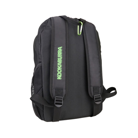 The Kookaburra Orbit Hockey Rucksack 2025 is a black junior backpack with "Kookaburra" in green on one shoulder strap, adjustable straps, a top handle, and side mesh pocket for extra storage.