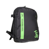 The Kookaburra Orbit Hockey Rucksack 2025 in black features the Kookaburra logo, a zippered front pocket, mesh side pocket, and adjustable shoulder straps for comfort.