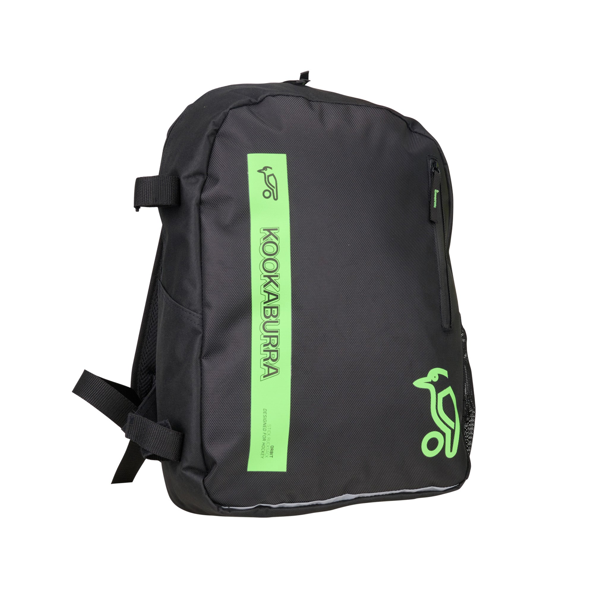 The Kookaburra Orbit Hockey Rucksack 2025 in black features the Kookaburra logo, a zippered front pocket, mesh side pocket, and adjustable shoulder straps for comfort.