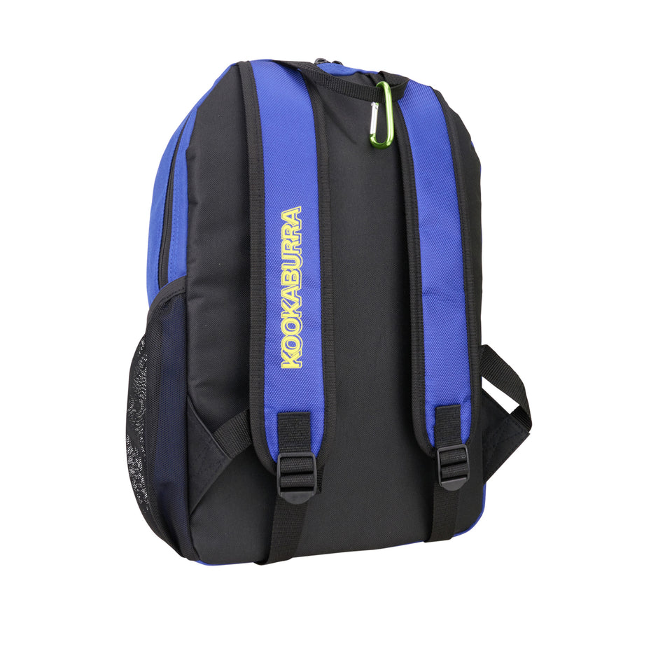 The Kookaburra Orbit Hockey Rucksack 2025 is a black and blue junior bag with adjustable shoulder straps, a mesh side pocket, and KOOKABURRA printed in yellow on one strap, shown against a white background.