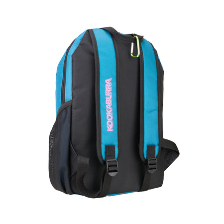 The Kookaburra Orbit Hockey Rucksack 2025, in black and blue, stands upright with adjustable shoulder straps, a small mesh side pocket, and a green carabiner clipped to the top.
