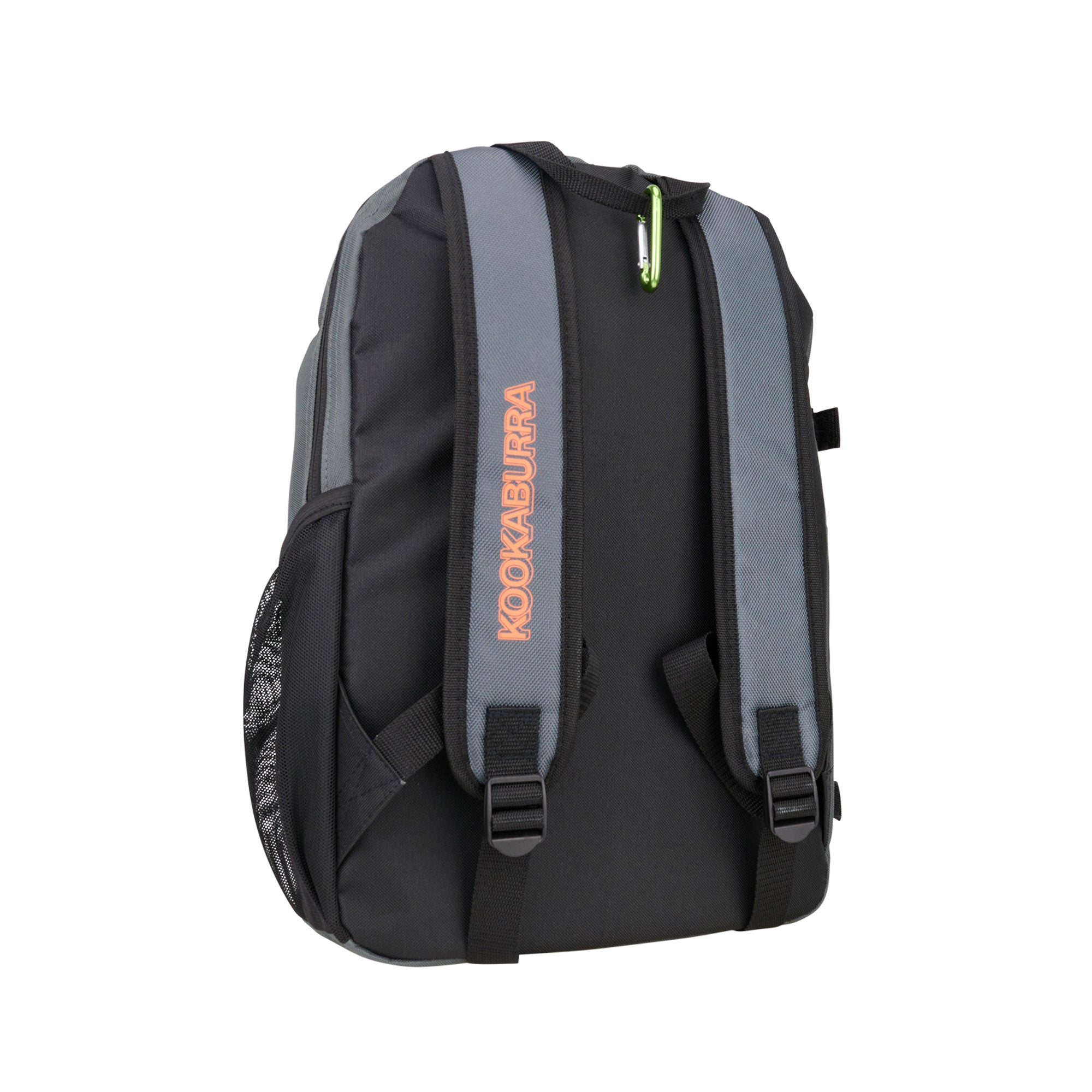 The Kookaburra Orbit Hockey Rucksack 2025 is a black and gray junior bag with padded, adjustable shoulder straps, a side mesh pocket, and "KOOKABURRA" printed in orange on one strap. Brand: Kookaburra.
