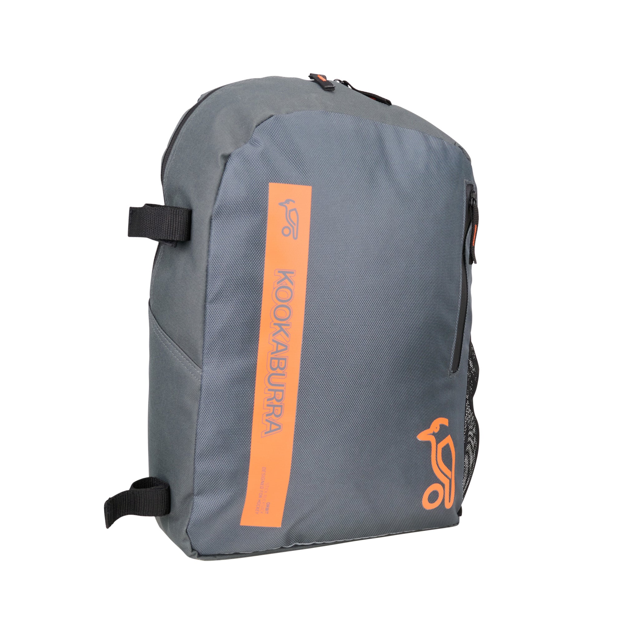 The Kookaburra Orbit Hockey Rucksack 2025 is a grey junior bag with black adjustable straps, an orange Kookaburra logo and label on the front, and a zippered front pocket.