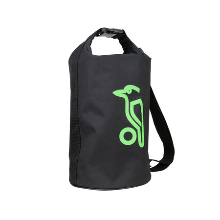 The Kookaburra Pro Holdball by Kookaburra is a black cylindrical sports bag with a single shoulder strap, roll-top closure, and a bold green abstract bird design—ideal for carrying cricket or hockey balls.