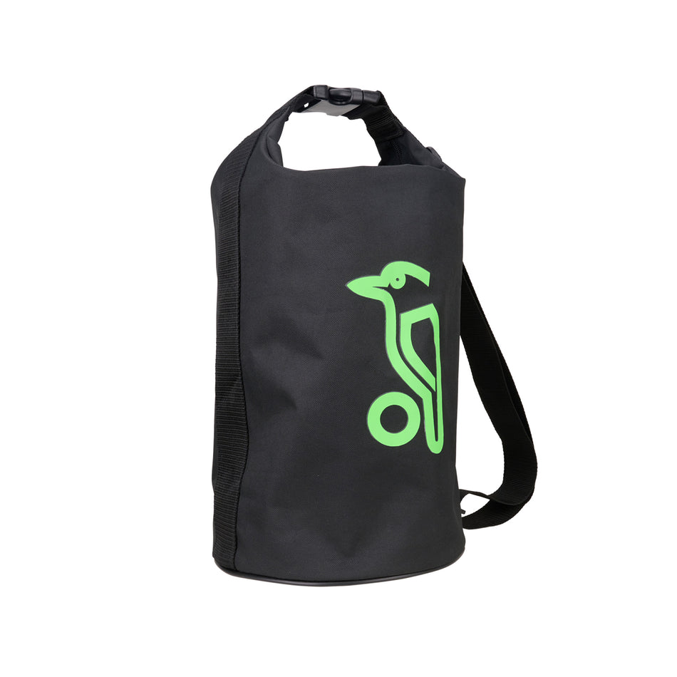 The Kookaburra Pro Holdball by Kookaburra is a black cylindrical sports bag with a single shoulder strap, roll-top closure, and a bold green abstract bird design—ideal for carrying cricket or hockey balls.