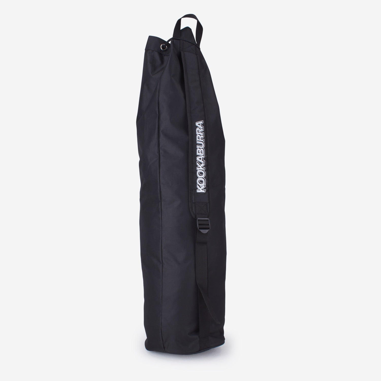 The Kookaburra Hockey Stick Duffel Bag is a large black bag with a single shoulder strap and KOOKABURRA printed vertically in white on the side, shown standing upright against a plain white background.