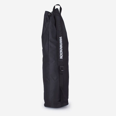 The Kookaburra Hockey Stick Duffel Bag is a large black bag with a single shoulder strap and KOOKABURRA printed vertically in white on the side, shown standing upright against a plain white background.
