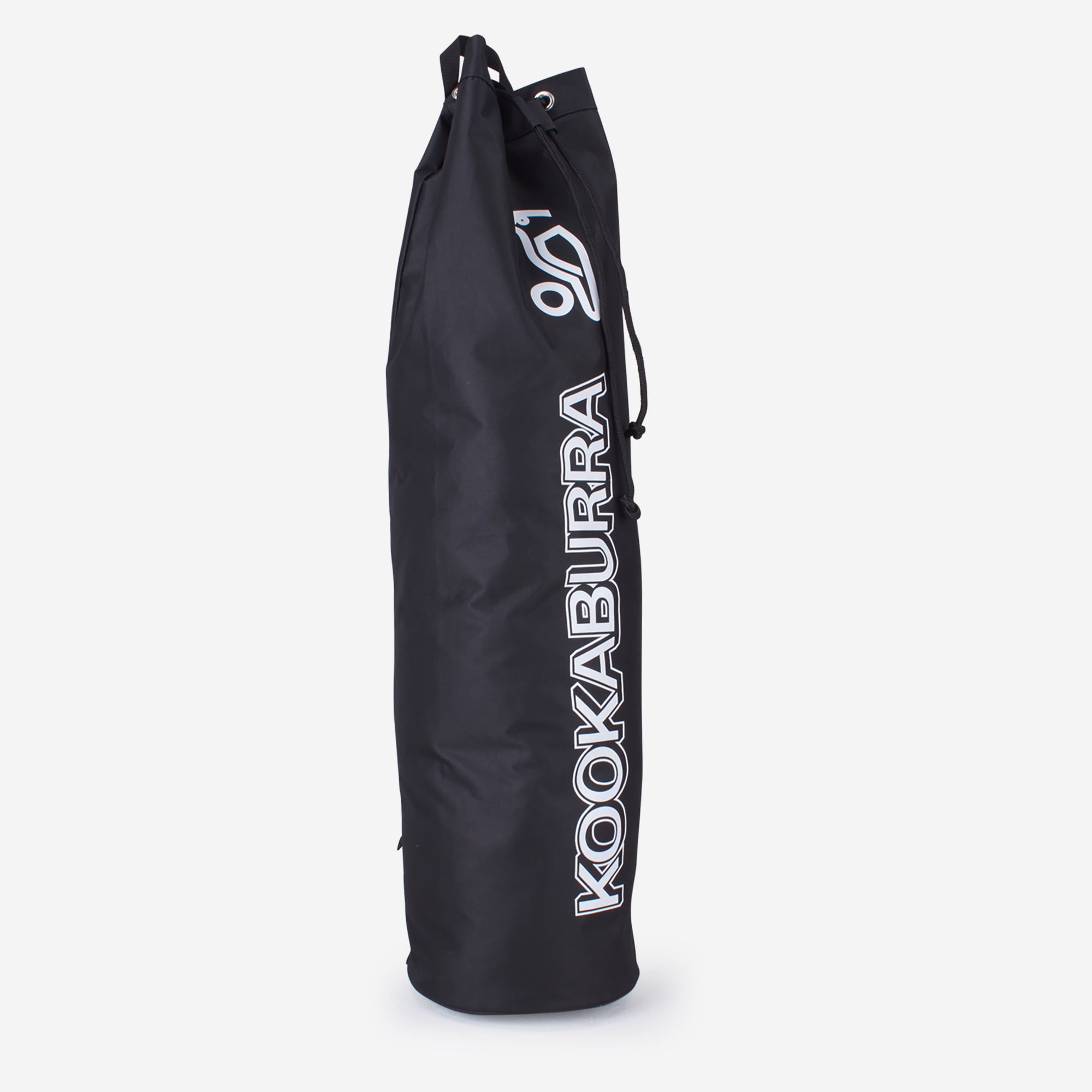 The Kookaburra Hockey Stick Duffel Bag is a tall, cylindrical black bag with a drawstring top. It displays the Kookaburra logo and KOOKABURRA in white on the side—ideal for teams to carry hockey sticks.
