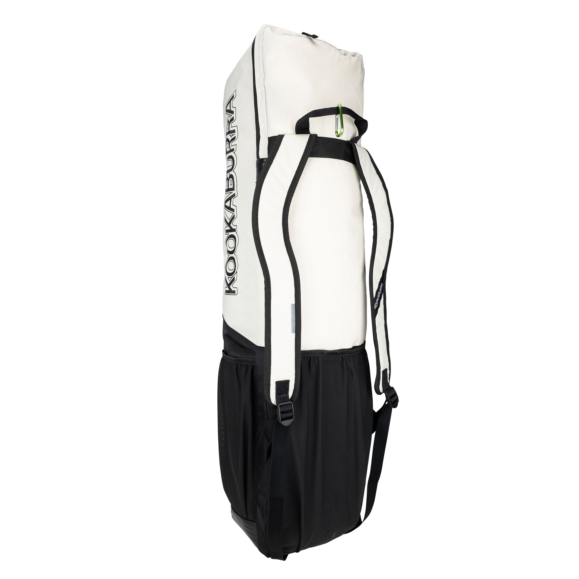 The Kookaburra Axis Hockey Kit Bag 2026 is a large white and black bag with padded shoulder straps, a top handle, exterior gusseted pockets, and "KOOKABURRA" printed vertically on the side.