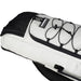 A close-up of the Kookaburra Axis Hockey Kit Bag 2026 by Kookaburra, showing its black and white design with gusseted pockets, a top zip pocket, stitched patch logo, and exterior elastic cord for securing items.