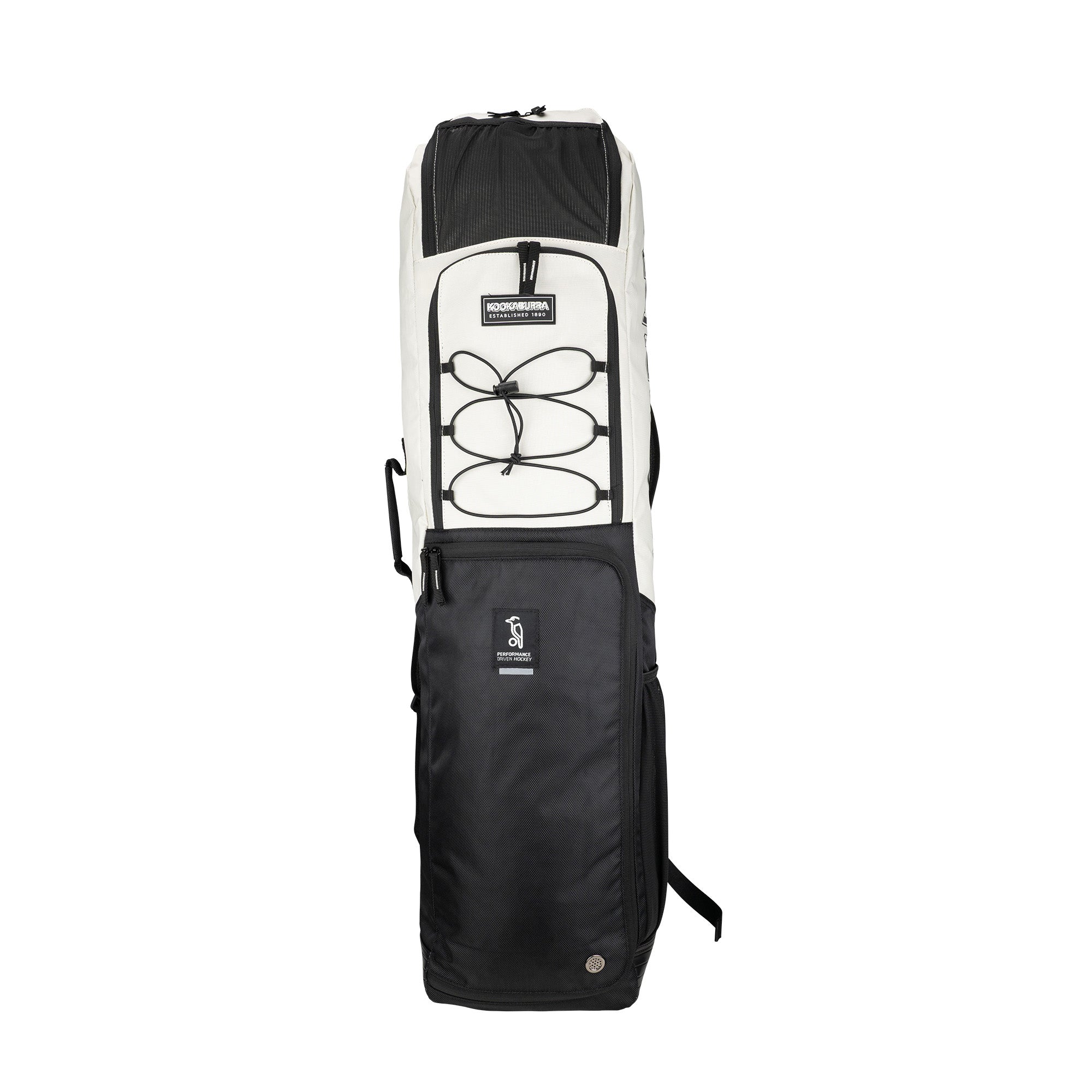 The Kookaburra Axis Hockey Kit Bag 2026 in bone stands upright against a white background, featuring a large zippered main compartment, padded shoulder strap, bungee cord detail, and gusseted external pockets for storage.