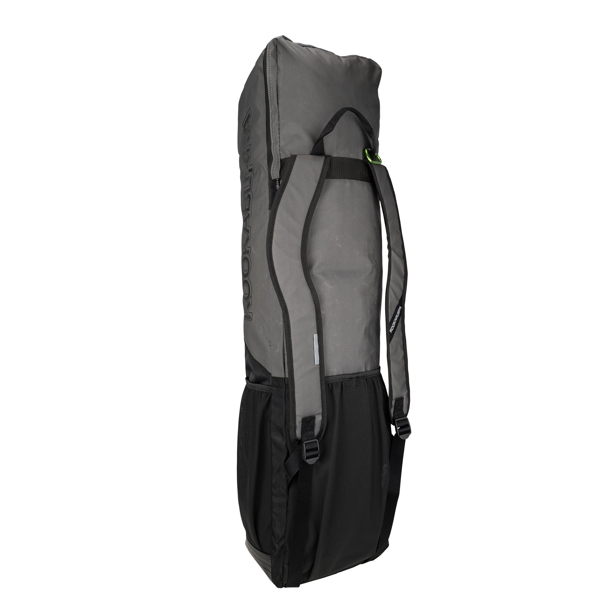 A large, upright black and gray Kookaburra Axis Hockey Kit Bag 2026 with padded shoulder straps, gusseted pockets, and the Kookaburra brand printed vertically on the side.
