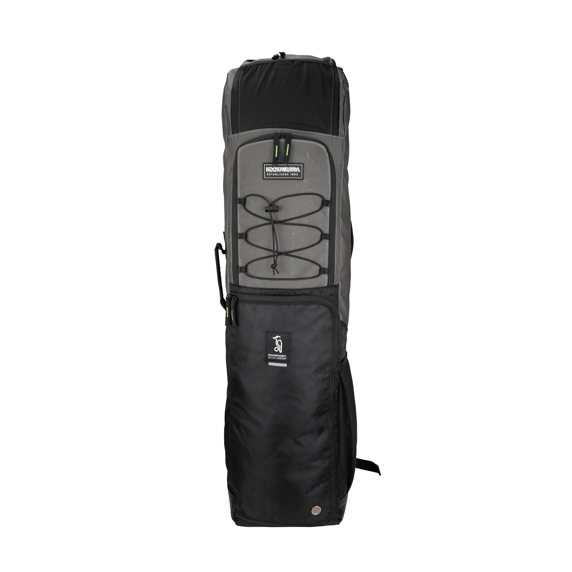 The Kookaburra Axis Hockey Kit Bag 2026 by Kookaburra in grey stands upright and features zippered compartments, a padded shoulder strap for comfort, bungee cord detail on the front, and a small side handle.