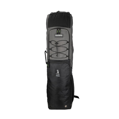 The Kookaburra Axis Hockey Kit Bag 2026 by Kookaburra in grey stands upright and features zippered compartments, a padded shoulder strap for comfort, bungee cord detail on the front, and a small side handle.