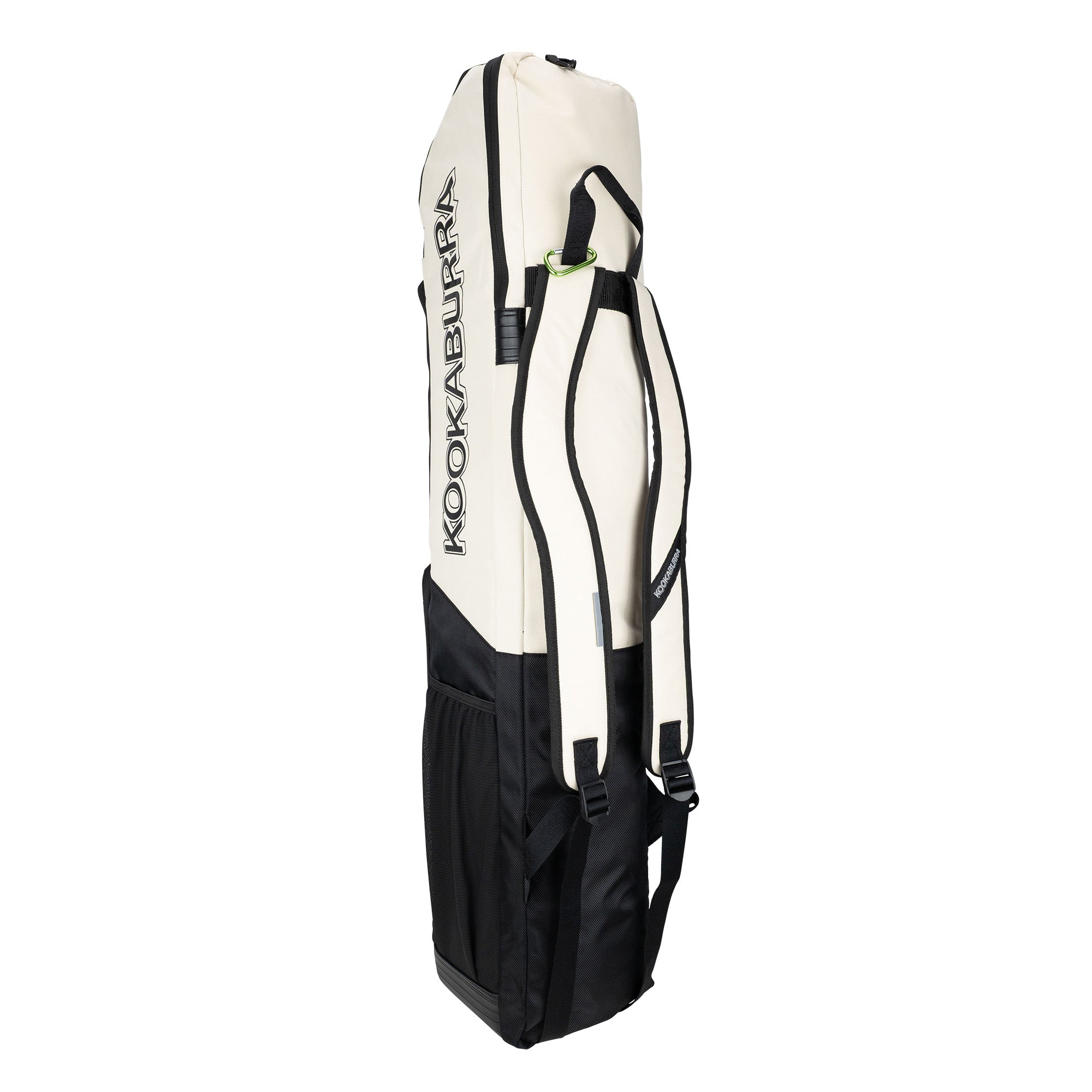 The Kookaburra Forge Hockey Bag 2026 is a tall white and black sports bag with a durable base, side pockets, vertical KOOKABURRA branding, and comfortable shoulder straps for easy carrying.