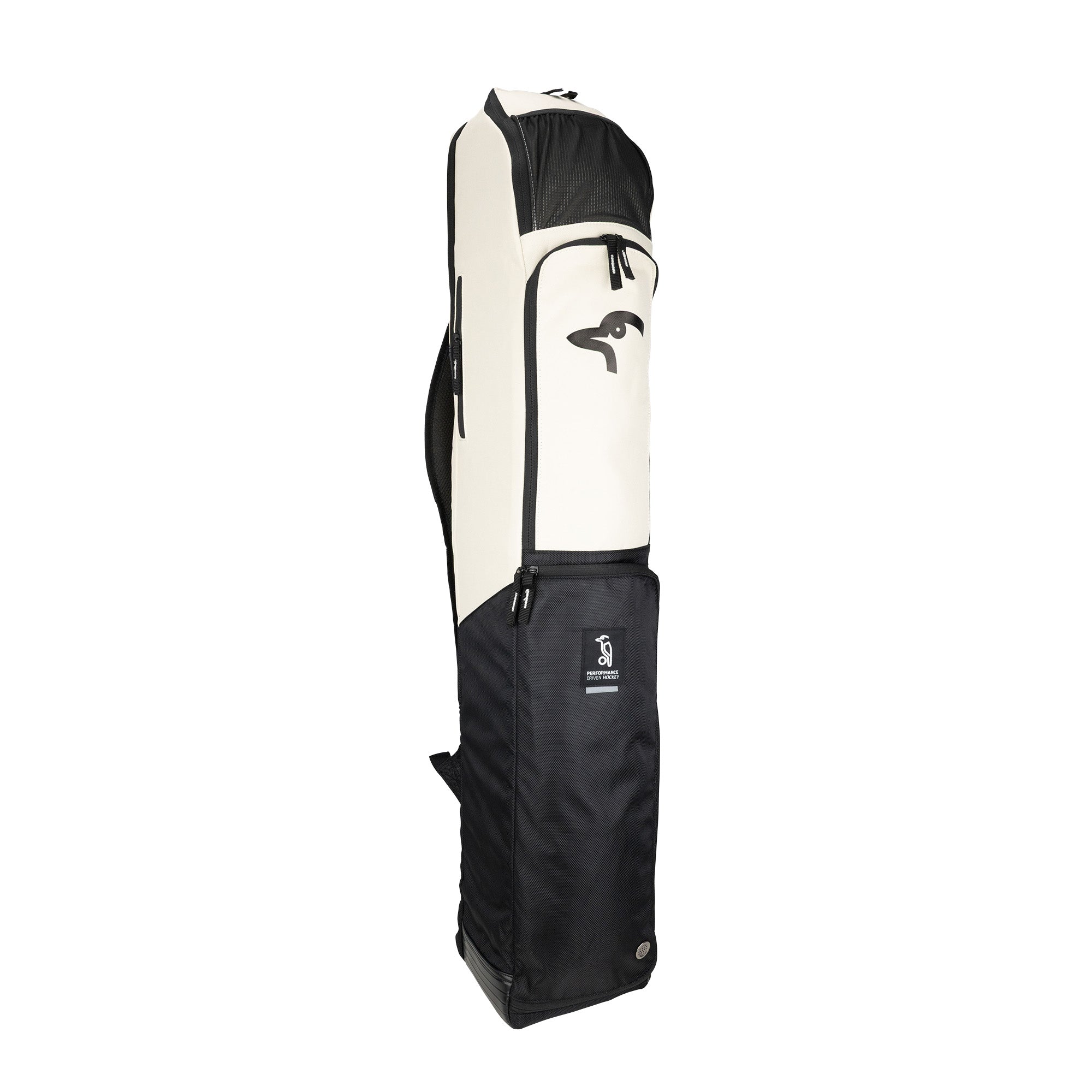 The Kookaburra Forge Hockey Bag 2026 by Kookaburra is a tall, rectangular bag with a cream upper and black lower section, zippered compartments, a bird logo on the cream part, and a sturdy base. The bag stands upright against a white background.