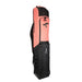 The Kookaburra Forge Hockey Bag 2026 by Kookaburra features a two-tone design with a coral pink upper, black lower section, durable base, multiple zippered compartments, and a black bird profile logo on the front.