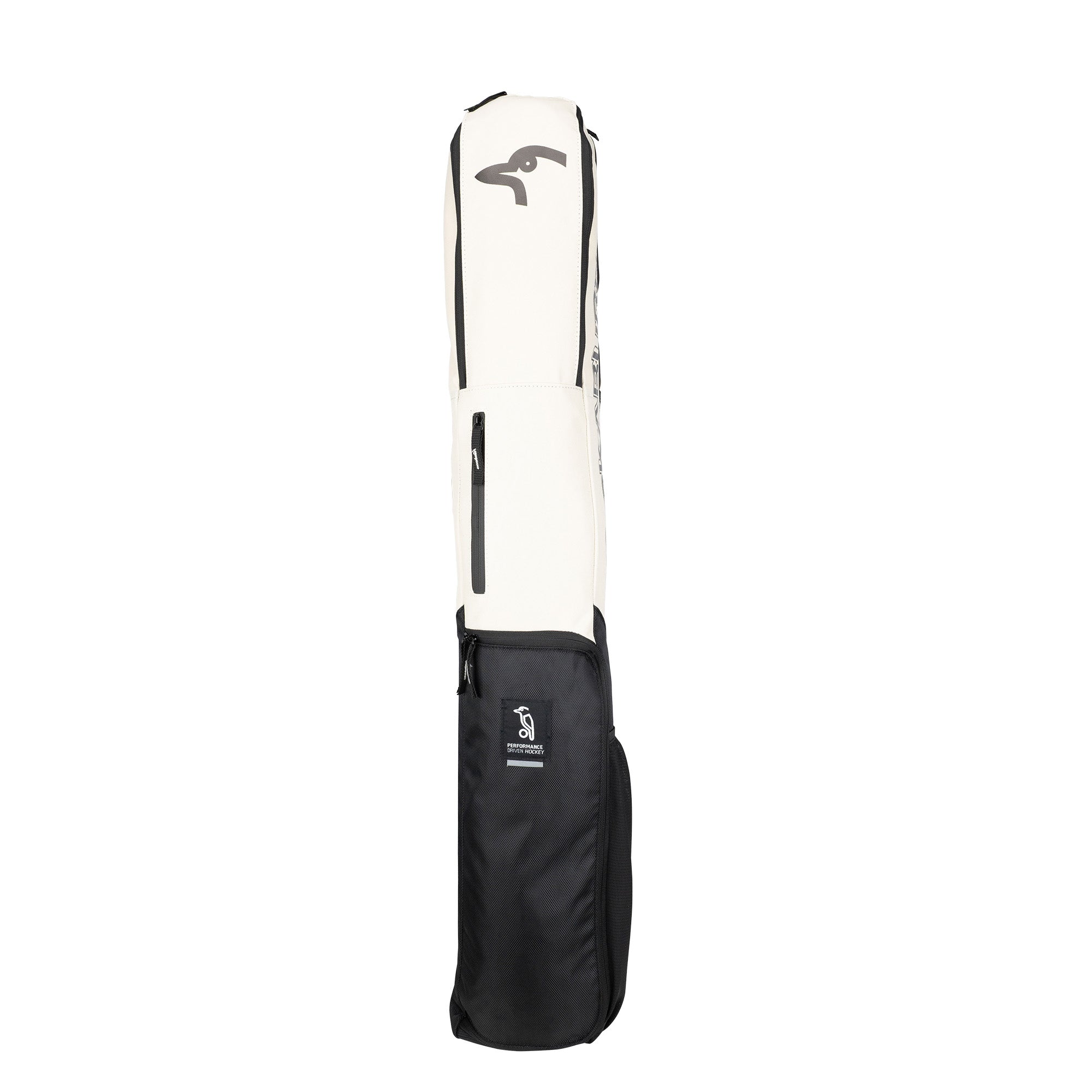 The Kookaburra Flux Hockey Bag 2026 by Kookaburra features a white upper, black lower section, ergonomic pockets, zippered compartments, and a subtle bird logo near the top.