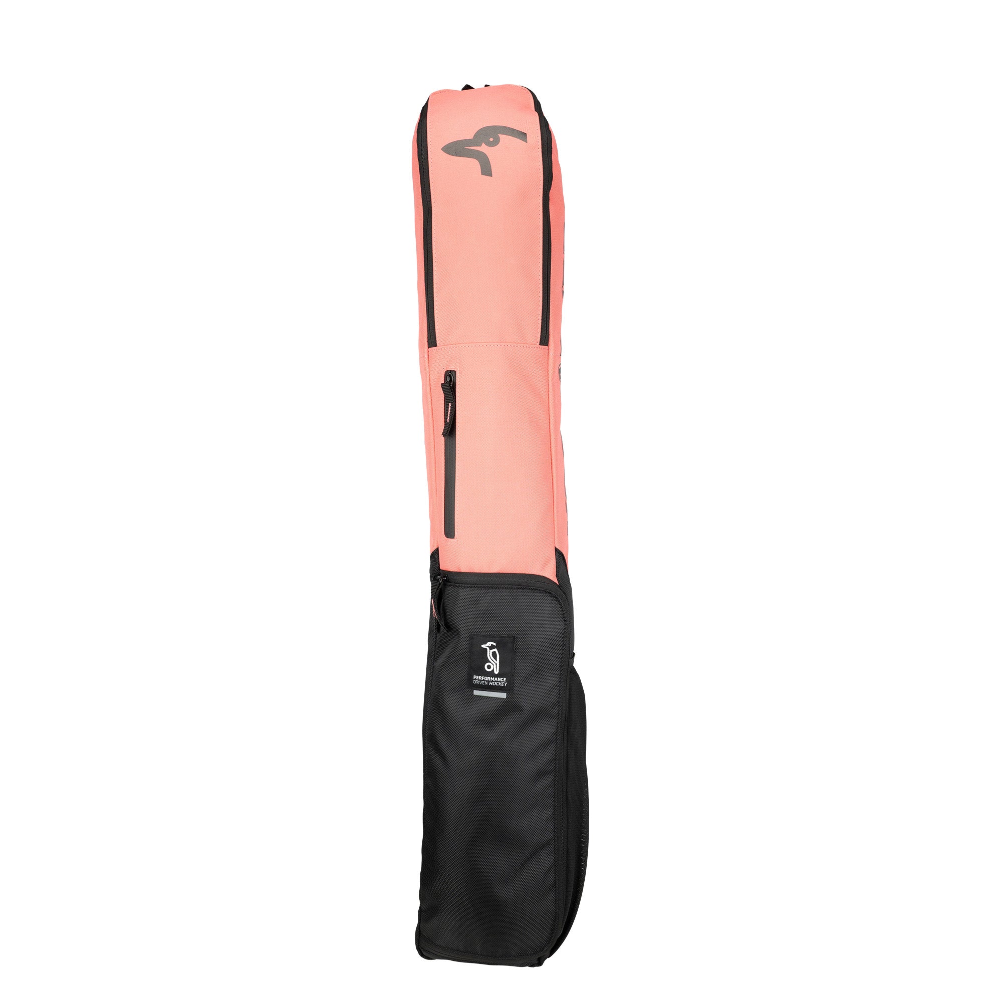 The Kookaburra Flux Hockey Bag 2026 by Kookaburra is a pink and black zippered bag for field hockey sticks, featuring a kangaroo logo, stick and ball patch, and ergonomic pockets for easy organization.