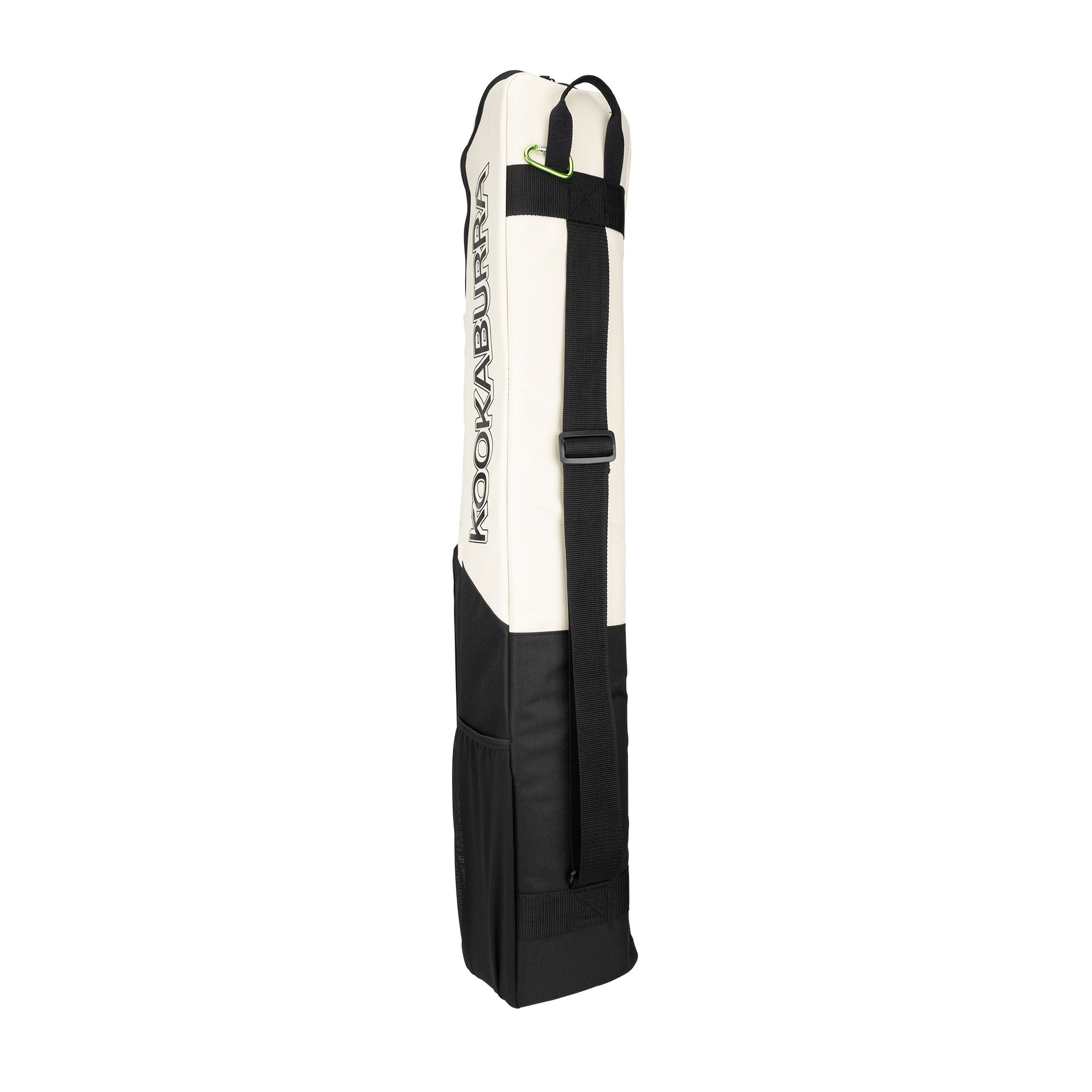 A black and white Kookaburra Vex Hockey Bag 2026 with a padded strap and valuables pocket stands upright against a white background.
