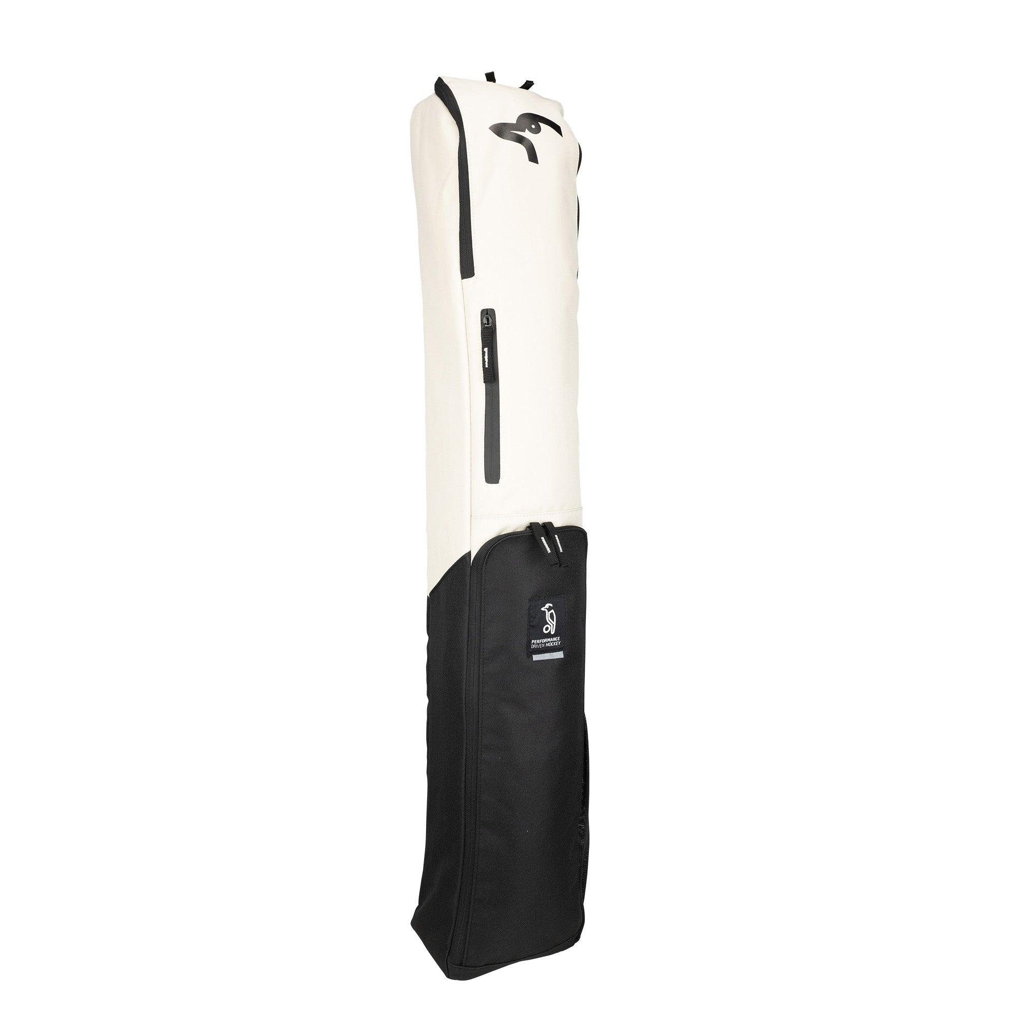 The Kookaburra Vex Hockey Bag 2026 by Kookaburra is a tall white and black soft bag with zippers, handles, a padded strap, and logo patch on the black bottom—ideal for carrying and protecting hockey gear or long items.