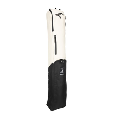 The Kookaburra Vex Hockey Bag 2026 by Kookaburra is a tall white and black soft bag with zippers, handles, a padded strap, and logo patch on the black bottom—ideal for carrying and protecting hockey gear or long items.