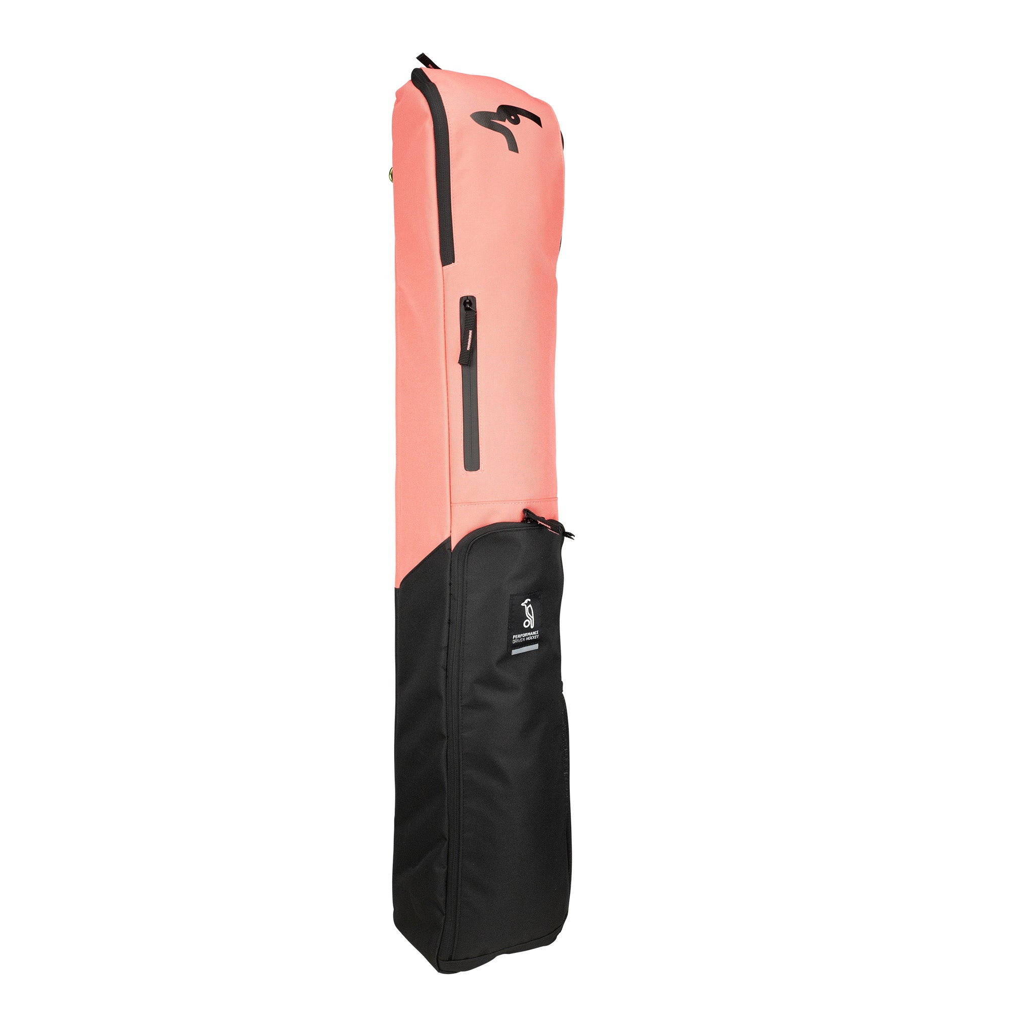The Kookaburra Vex Hockey Bag 2026 by Kookaburra features a coral pink and black design, zippers, padded strap, handle, and valuables pocket—ideal for carrying and protecting your sports gear.