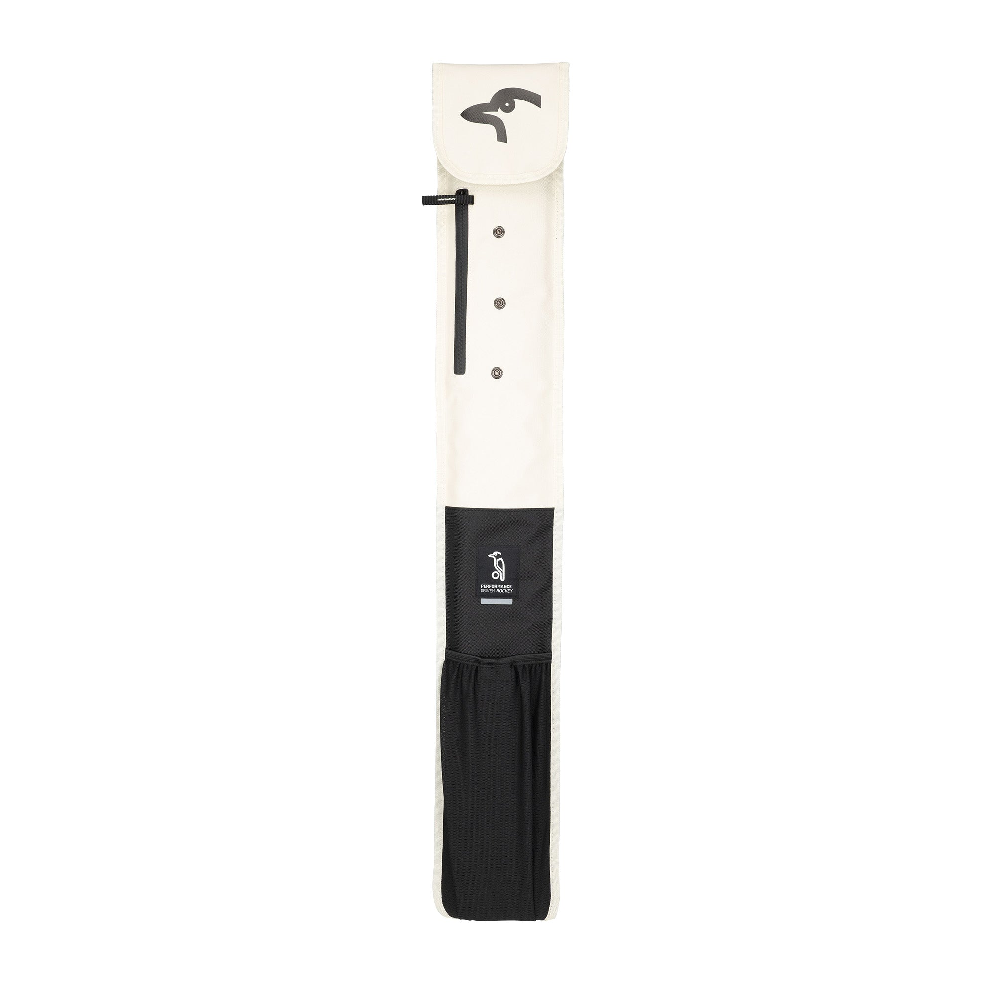 The Kookaburra Octane Hockey Stick Bag 2026 by Kookaburra is a long black and white carry case with a flap closure, front pocket, vertical upper zipper, stylized penguin logo, and adjustable shoulder strap for easy transport.