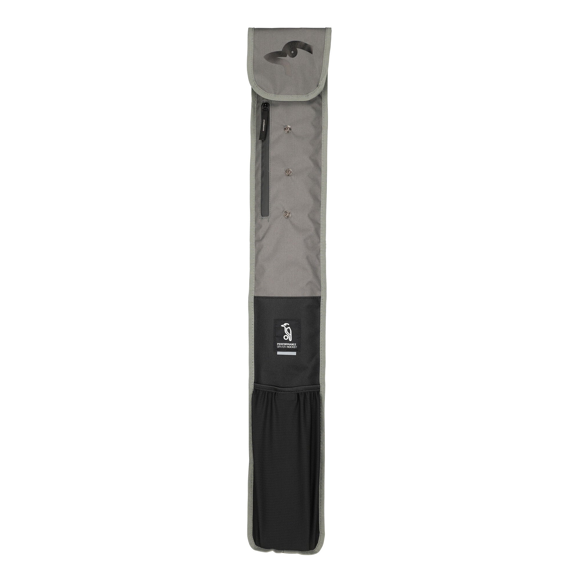 The Kookaburra Octane Hockey Stick Bag 2026 by Kookaburra is a long, rectangular gray and black bag featuring a flap closure, front zipper pocket, adjustable shoulder strap, and logo near the middle—designed to carry hockey sticks.