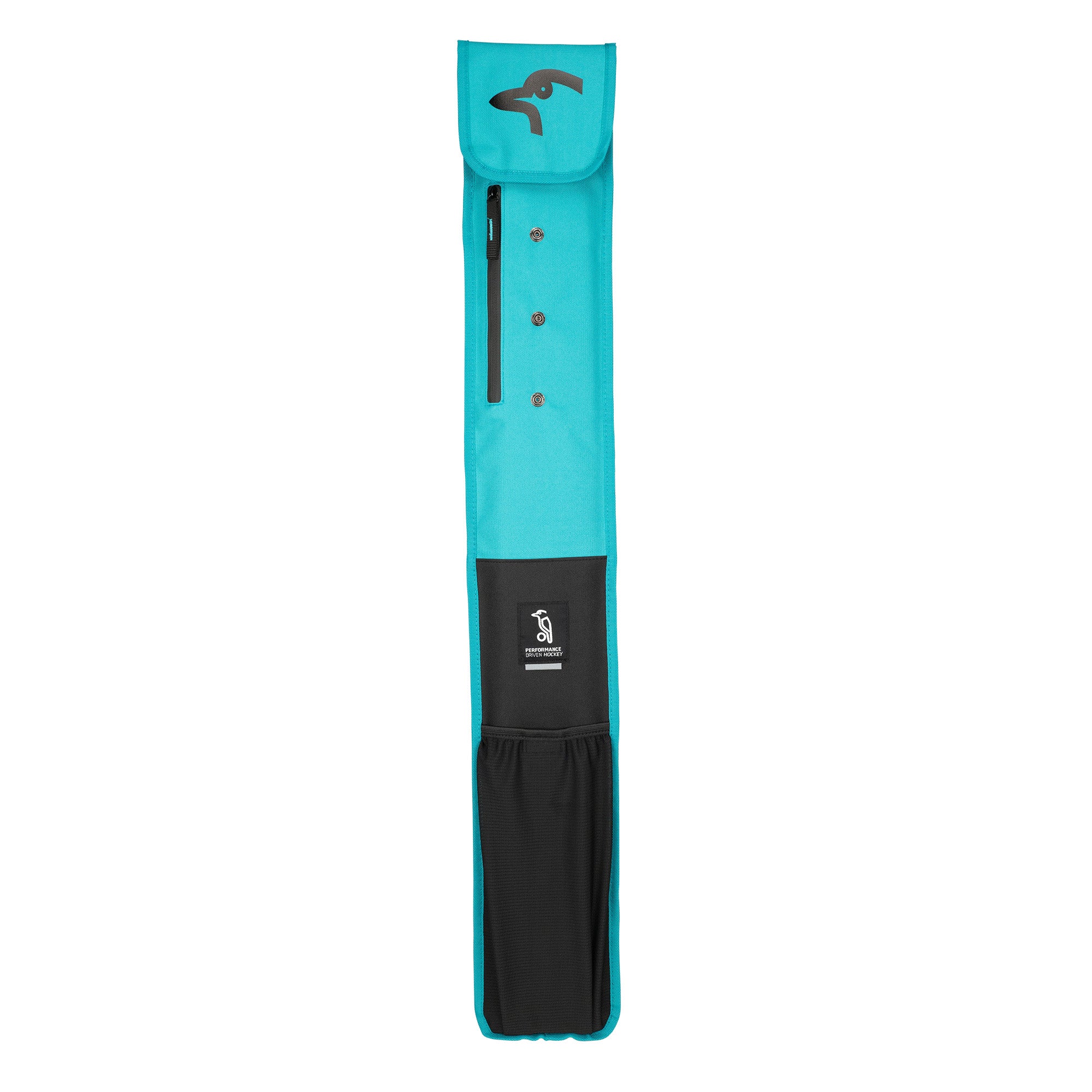The Kookaburra Octane Hockey Stick Bag 2026 is a teal and black rectangular case with a flap, zippered pocket, two buttons, front pouch, stylized animal logo, branded patch, and an adjustable shoulder strap for easy carrying.