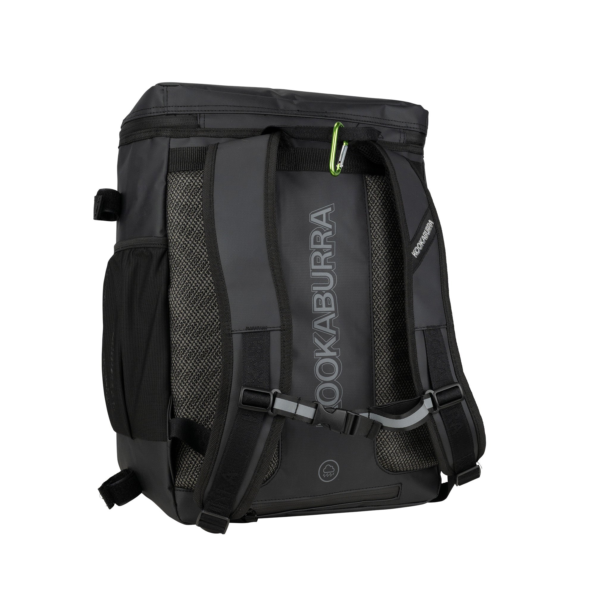 The Kookaburra Elite Hockey Rucksack 2026 by Kookaburra is shown from the back, featuring padded mesh shoulder straps, a chest strap, side mesh pocket, internal laptop sleeve, and a textured back panel with gray KOOKABURRA branding.