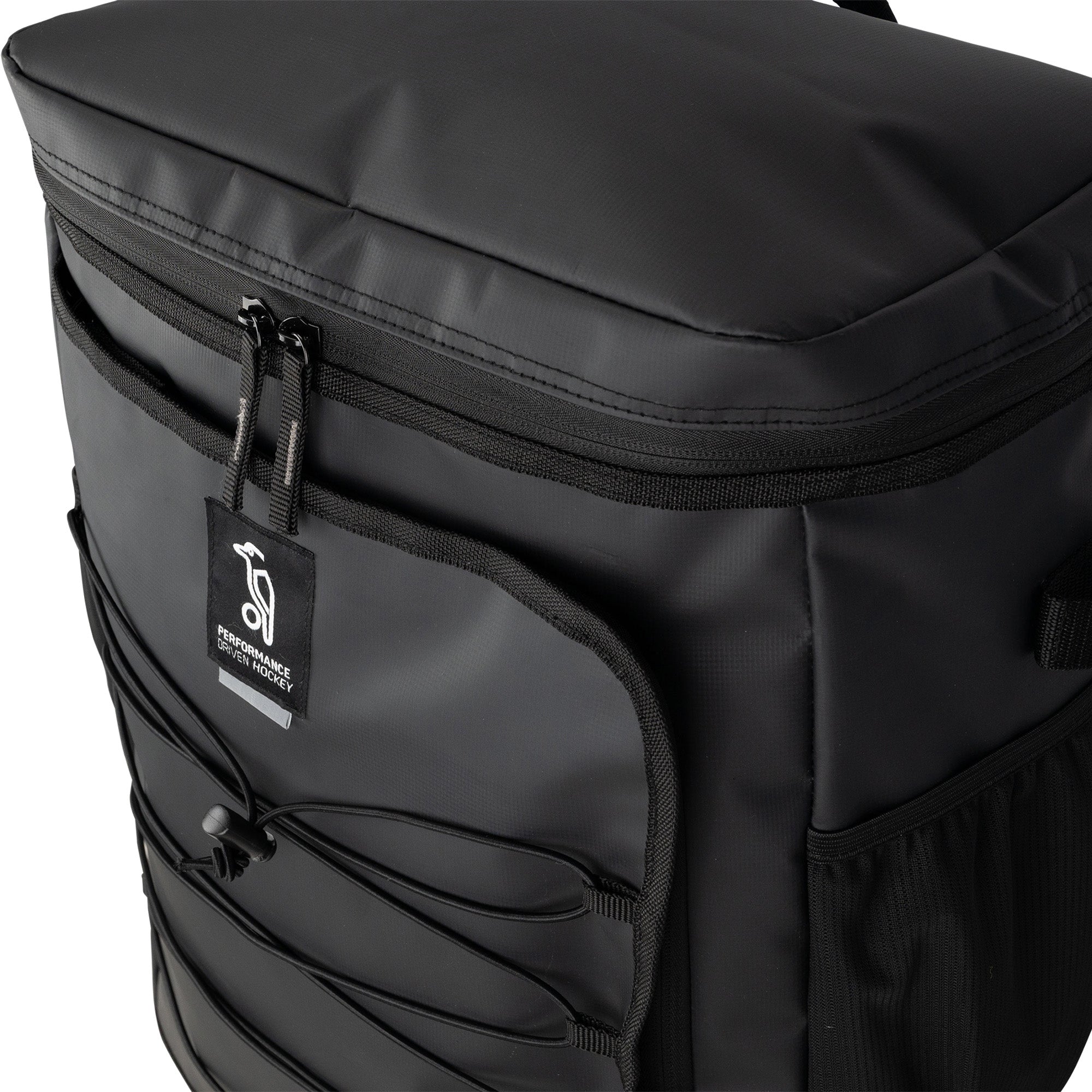 The Kookaburra Elite Hockey Rucksack 2026 by Kookaburra features a front pocket, zippered compartments, elastic front cord, a tag with a white logo, water-resistant fabric, and an internal laptop sleeve.