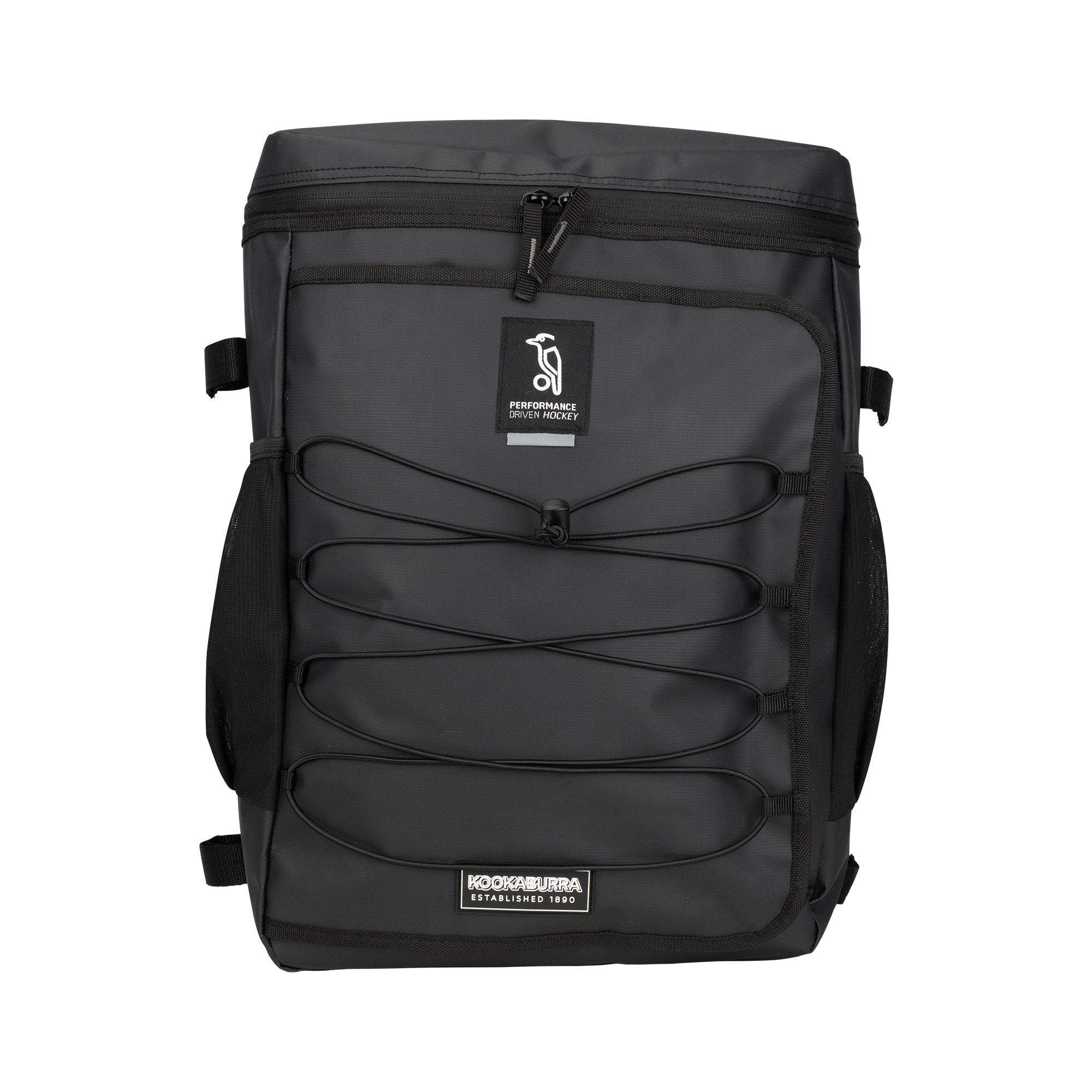The Kookaburra Elite Hockey Rucksack 2026 is a black, rectangular backpack with front bungee cord detail, side pockets, laptop sleeve, and Kookaburra logos, shown against a white background.